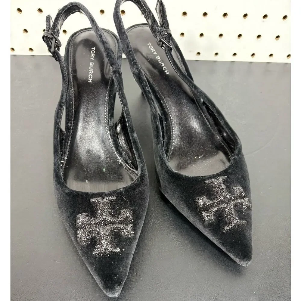 Tory Burch Women's Eleanor Pave Pointed Toe Slingback Pumps Black 7 1/2